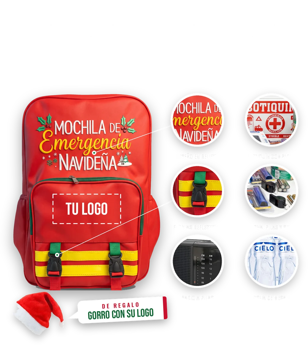 Esta Navidad celebra y protege: Mochila de Emergencia Navideña con tu logo, botiquín, linterna, radio, agua y gorro navideño de regalo
