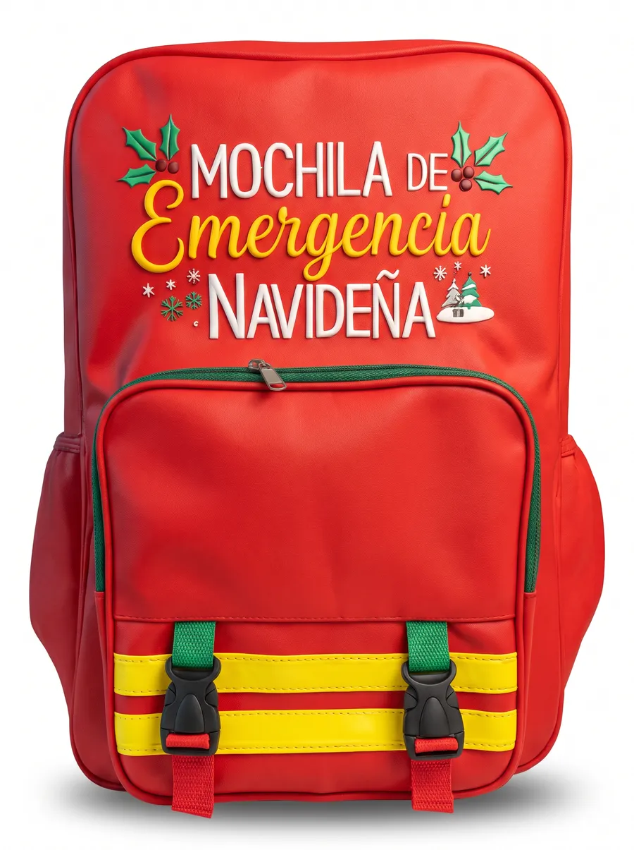 Mochila de Emergencia Navideña roja con franjas reflectivas amarillas y letras en relieve
